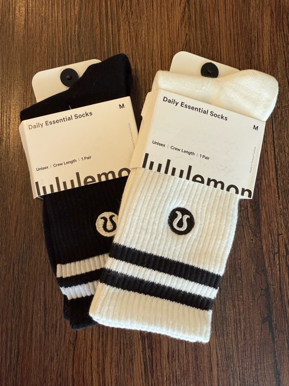 Lululemon (2) Black and White Striped Crew Socks NWT